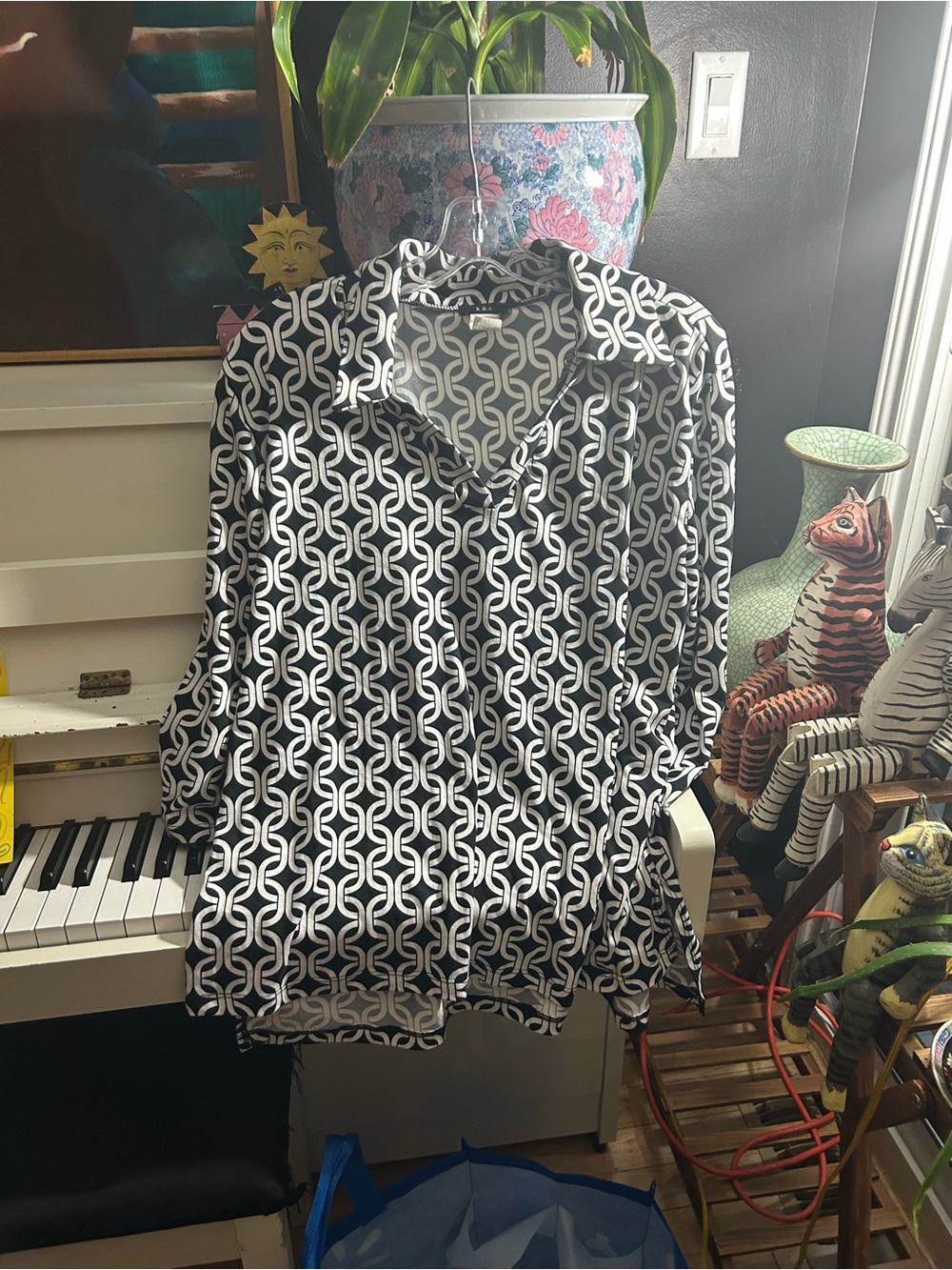 K & C Black White Geometric Tunic Top Long Sleeve Retro Mod XL